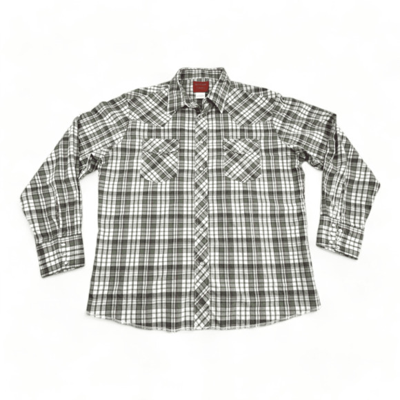 Rustler Western Shirt Adult EXTRA LARGE Green White Plaid Extra Long Tails Snaps - Picture 1 of 4